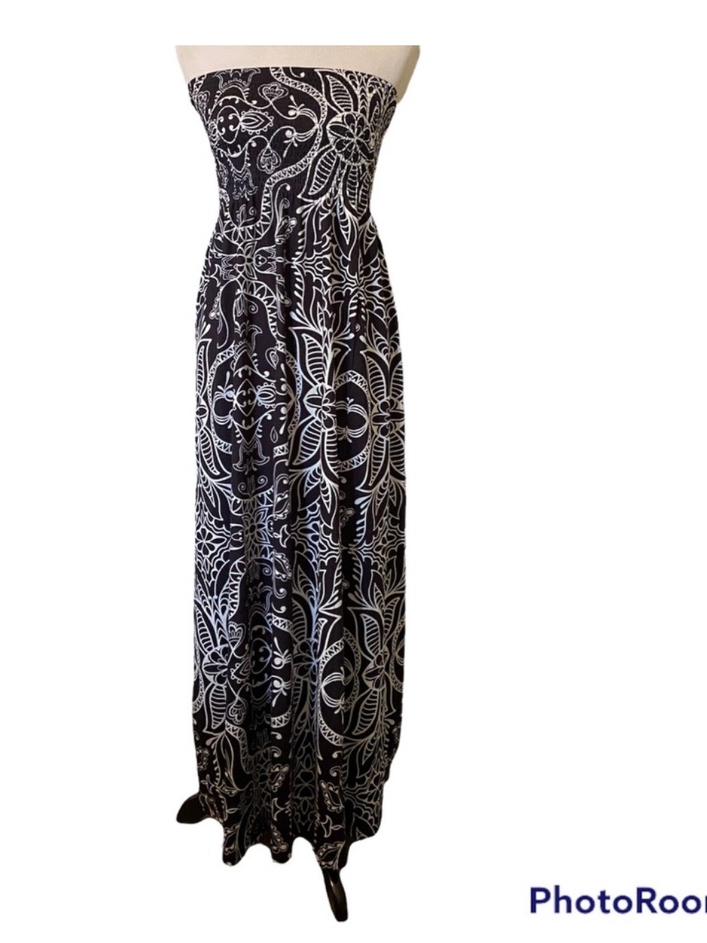 Black and White Strapless Maxi Dress with Floral Pattern